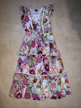JCrew Ratti retro floral tiered pompom midi dress